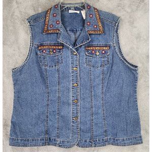 Alfred Dunner Jean Vest Womens 18 Blue Floral Embroidered Distressed Vintage